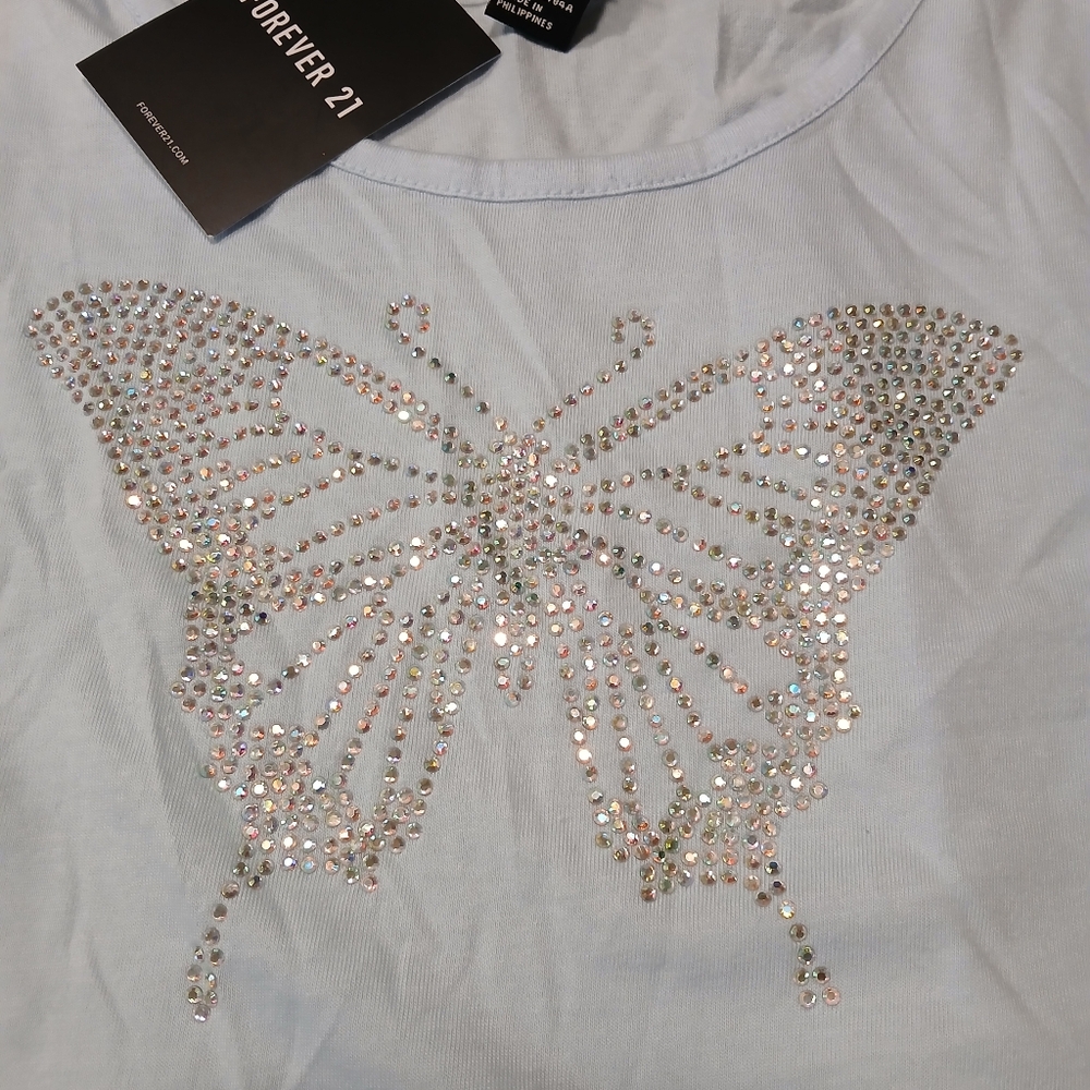 NEW Forever 21 girl's top light blue Sz S with butterfly - Picture 3 of 5